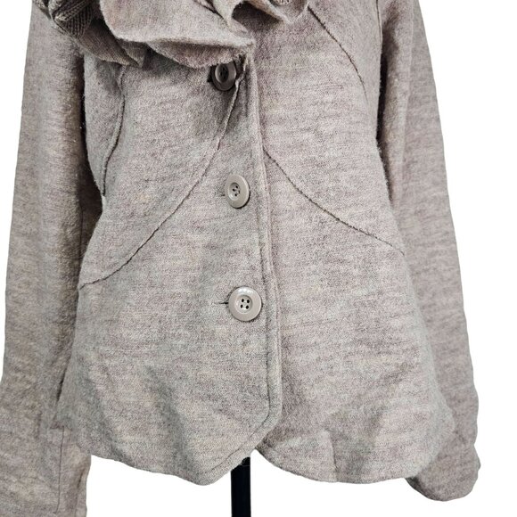 Renuar Boiled Wool Cardigan Sweater M Beige Ruffle Collar Office Minimalist - Picture 7 of 12